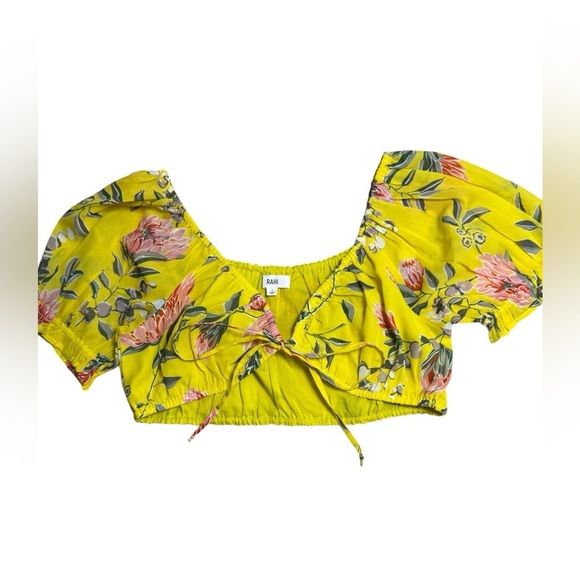 Rahi Yellow Floral Puff Sleeve Crop Top Size Large Drawstring Front Boho - Picture 1 of 6